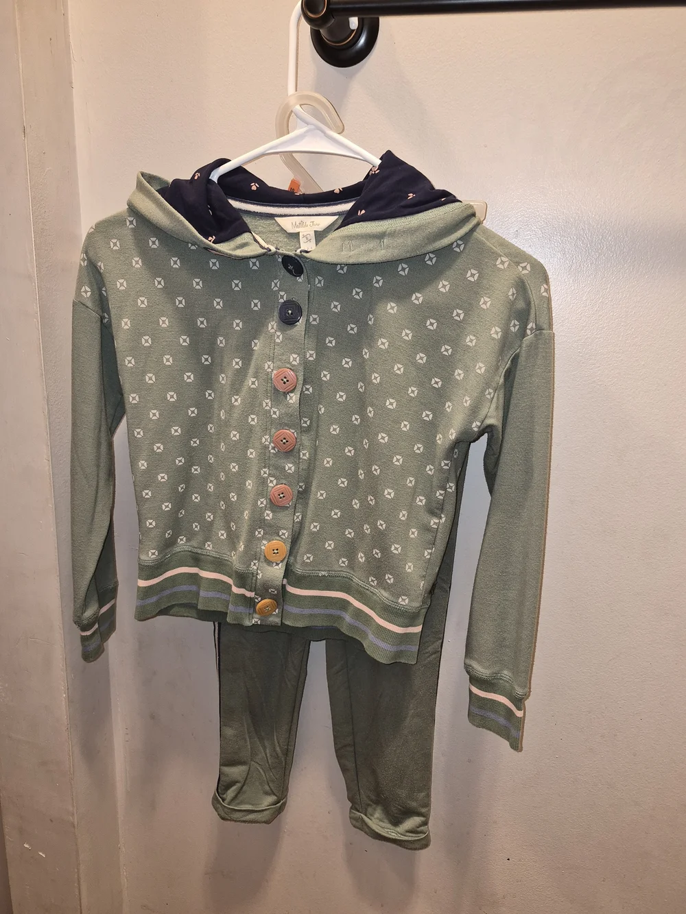 Matilda Jane Sage Green Hooded Sweatshirt Set with Multicolor Buttons